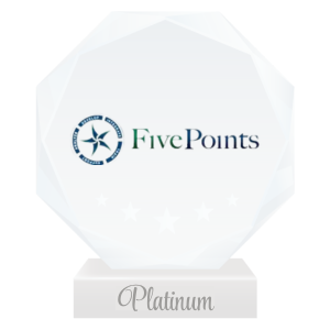 The Five Point Technology Group professional logo printed on a round crystal trophy to represent their Platinum Professional Partner status with the National Center for Community-Based Child Welfare. 