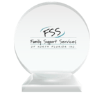 The FSS (Family Support Services) of North Florida professional logo printed on a round crystal trophy to represent their charter membership status with the National Center for Community-Based Child Welfare. 