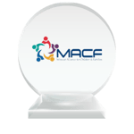 The MACF (Missouri Alliance of Children and Families) professional logo printed on a round crystal trophy to represent their charter membership status with the National Center for Community-Based Child Welfare. 