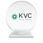 The KVC Health Systems professional logo printed on a round crystal trophy to represent their charter membership status with the National Center for Community-Based Child Welfare. 