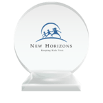 The New Horizons professional logo printed on a round crystal trophy to represent their charter membership status with the National Center for Community-Based Child Welfare. 