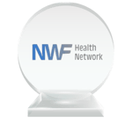 The NWF Health Network professional logo printed on a round crystal trophy to represent their charter membership status with the National Center for Community-Based Child Welfare. 