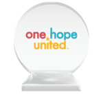 The One Hope United professional logo printed on a round crystal trophy to represent their charter membership status with the National Center for Community-Based Child Welfare. 