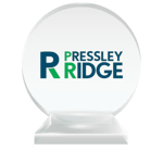 The Pressley Ridge professional logo printed on a round crystal trophy to represent their charter membership status with the National Center for Community-Based Child Welfare. 