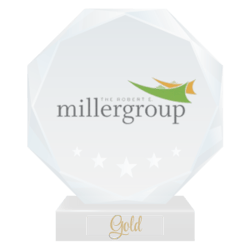 The Miller Group professional logo printed on a round crystal trophy to represent their Gold Professional Partner status with the National Center for Community-Based Child Welfare. 