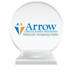 The Arrow Child and Family Ministries professional logo printed on a round crystal trophy to represent their charter membership status with the National Center for Community-Based Child Welfare. 