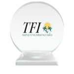 The TFI professional logo printed on a round crystal trophy to represent their charter membership status with the National Center for Community-Based Child Welfare. 