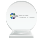 The WMPC (West Michigan Partnership for Children) professional logo printed on a round crystal trophy to represent their charter membership status with the National Center for Community-Based Child Welfare. 