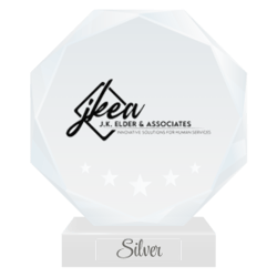 The J.K. Elder & Associates professional logo printed on a round crystal trophy to represent their Silver Professional Partner status with the National Center for Community-Based Child Welfare. 