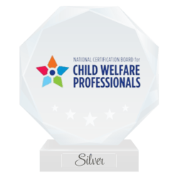 The National Certification Board of Child Welfare Professionals professional logo printed on a round crystal trophy to represent their Silver Professional Partner status with the National Center for Community-Based Child Welfare. 