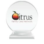 The Citrus Family Care Network professional logo printed on a round crystal trophy to represent their charter membership status with the National Center for Community-Based Child Welfare. 