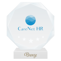 The CareNet HR professional logo printed on a round crystal trophy to represent their Bronze Professional Parnter status with the National Center for Community-Based Child Welfare. 