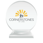 The Cornerstone of Care professional logo printed on a round crystal trophy to represent their charter membership status with the National Center for Community-Based Child Welfare. 