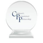 The CPP (Children's Permanency Partnership) professional logo printed on a round crystal trophy to represent their charter membership status with the National Center for Community-Based Child Welfare. 