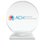 The ACH Child and Family Services professional logo printed on a round crystal trophy to represent their charter membership status with the National Center for Community-Based Child Welfare. 